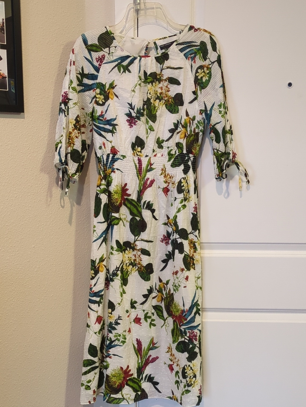 Maggy London White Midi Dress with Green & Yellow Botanical Print